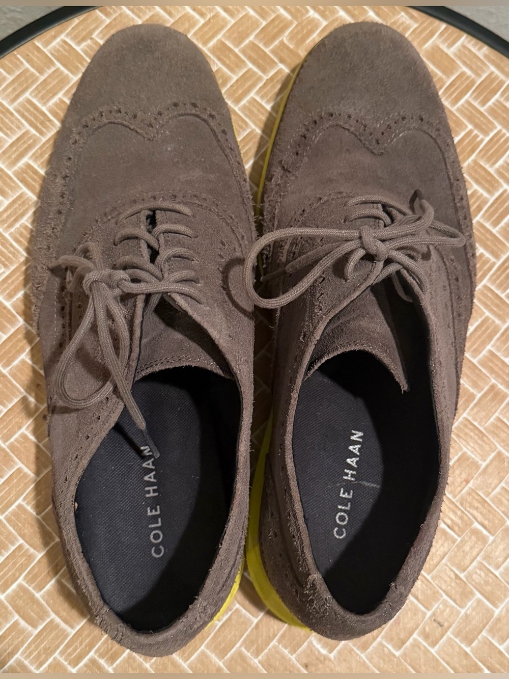 Cole Haan Gray Suede Wingtip Oxford Shoes with Yellow Soles - Men's Size 9 - Picture 5 of 9